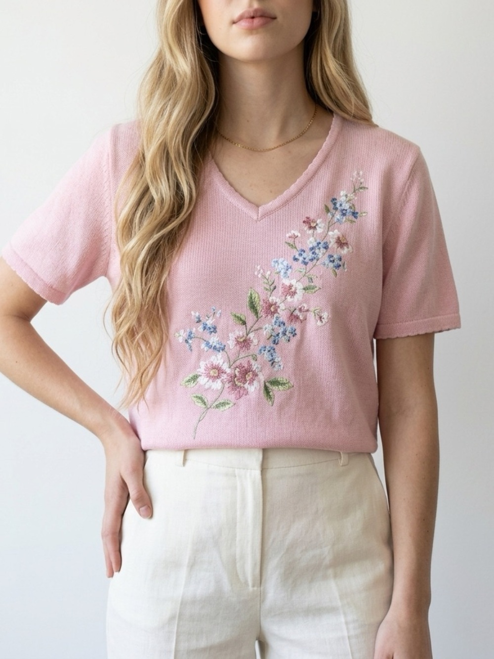 Vintage grandmacore Cottagecore coquette embroidered short sleeve sweater Top